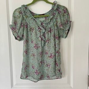 DmBm Short Sleeve Ruffle Seafoam Green Floral Shirt
